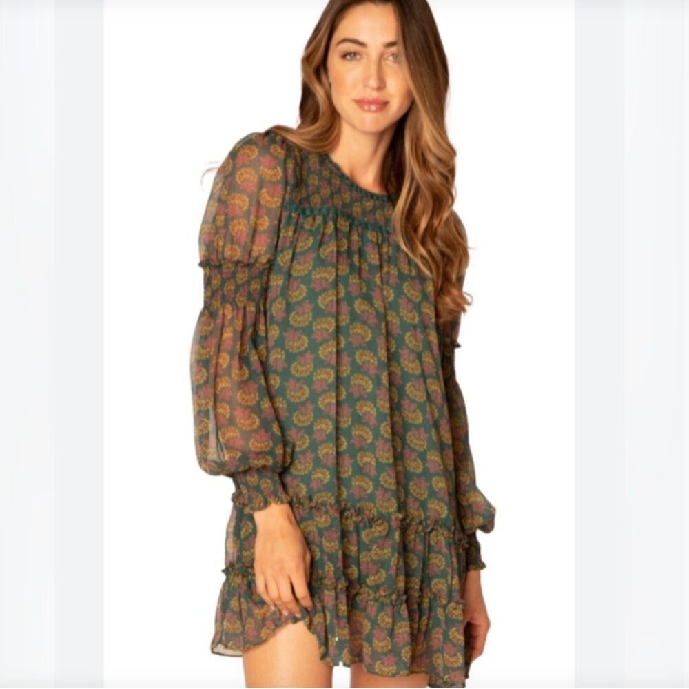 Allison New York Boho Floral Tiered Mini Dress Small Green Pink Cottagecore NWT